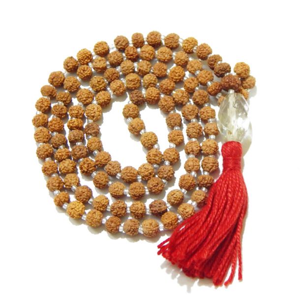 Rudraksha Mala with Crystal Quartz Pendant