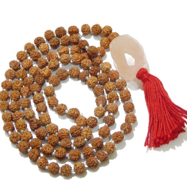 Rudraksha Mala with Rose Quartz Pendant